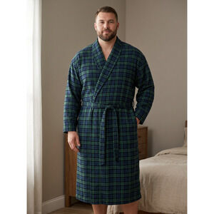 Vermont Country Store Men’s 3X Bigman Flannel Robe Blue Green Plaid Belted 100%
